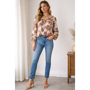 Tolani Floral Boho Blouse100% Cupro Ivory Multicolor Peasant Top Size S